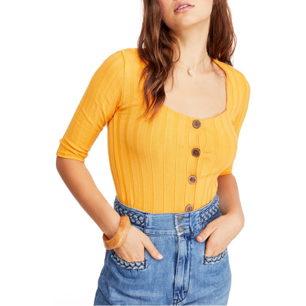 Free People Central Park Ribbed Top Yellow
